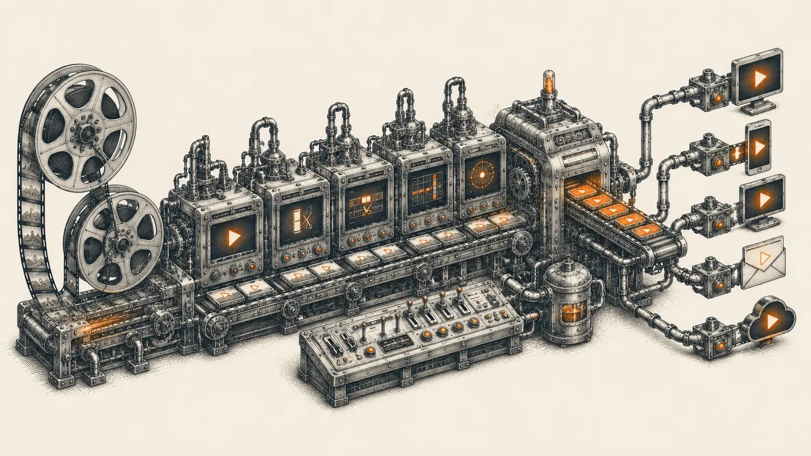 Ink illustration of a script-to-video production line with storyboard frames and reels
