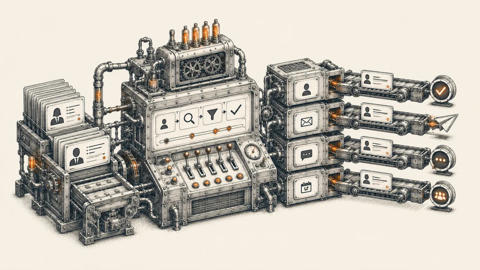 Ink illustration of an outreach machine dispatching LinkedIn connection requests and replies