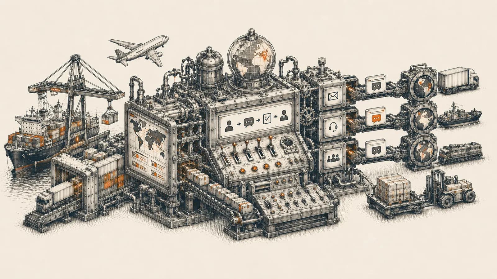 Ink illustration of a multilingual WhatsApp sales machine routing freight inquiries