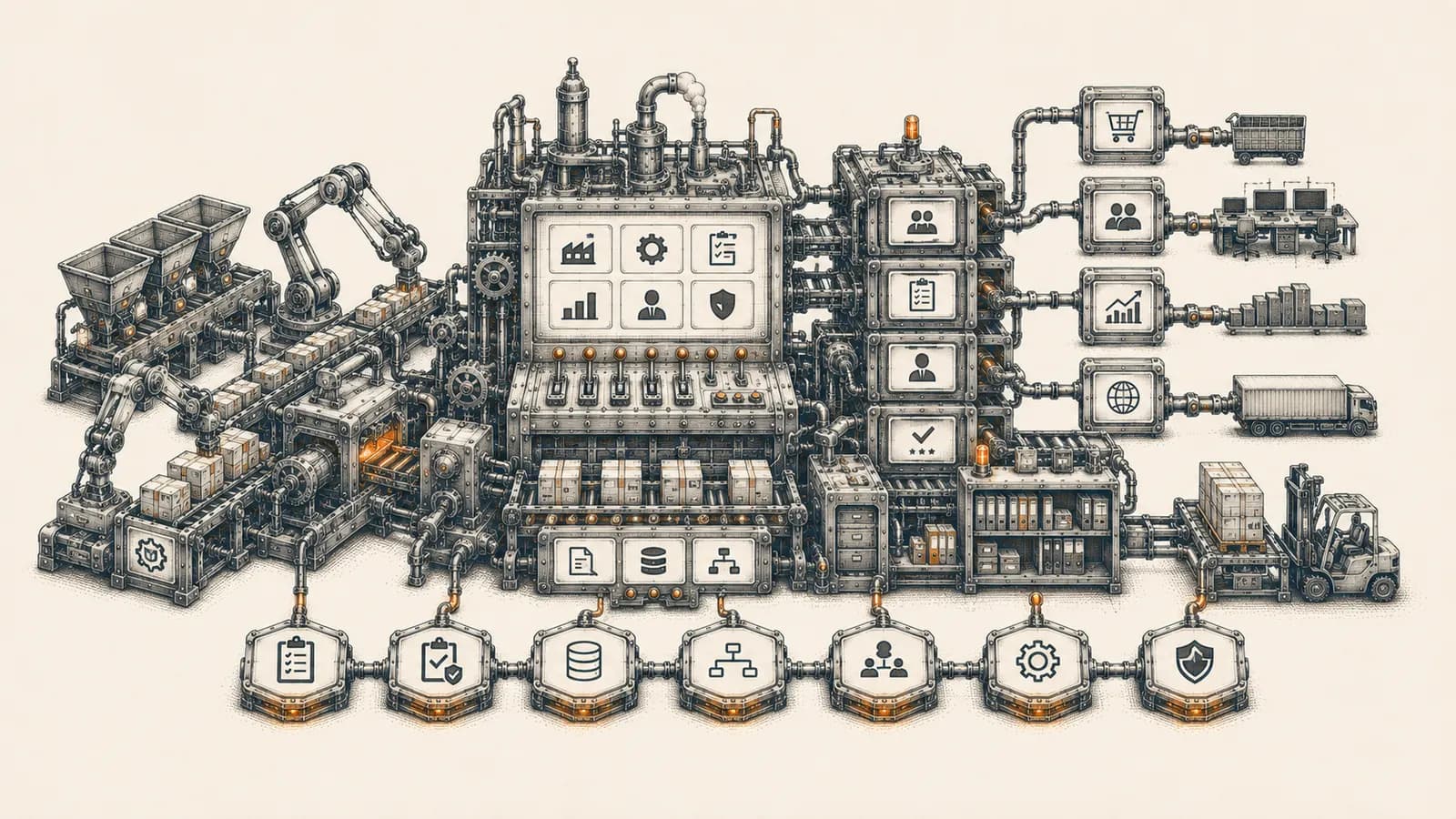 Ink illustration of an integrated Zoho operations machine for a B2B manufacturer