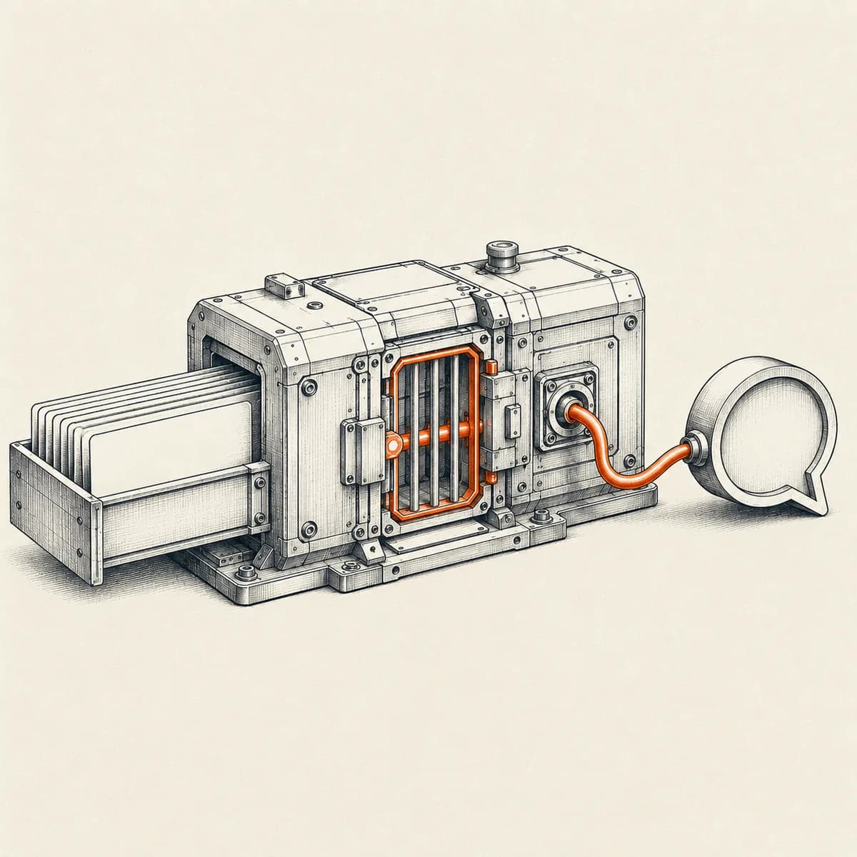 Technical ink illustration of a secure connector module drawing in a stack of inquiry cards, passing them through an orange security gate, and routing one clean signal line into a speech-bubble receiver.