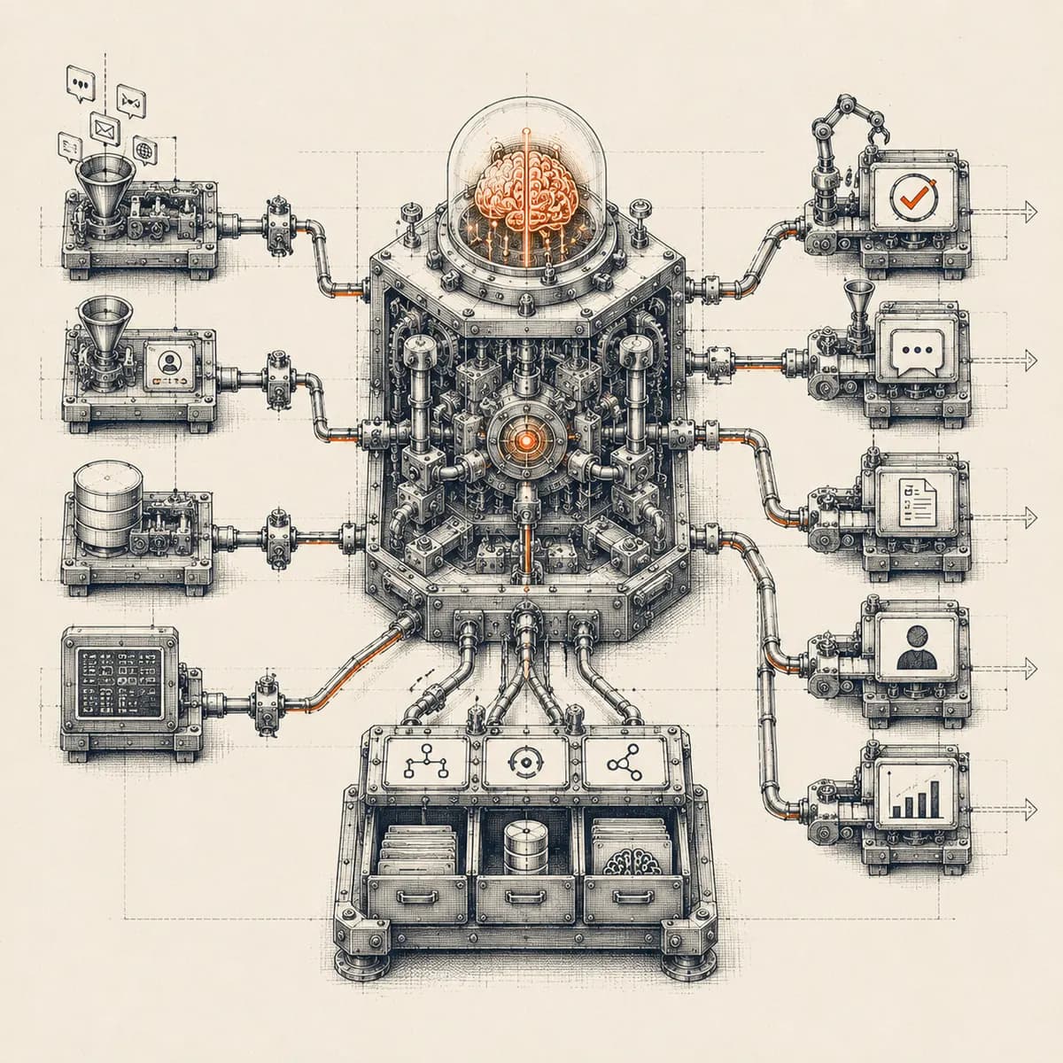 Ink illustration of a mechanical reasoning engine with gears and memory cells — AI agent development
