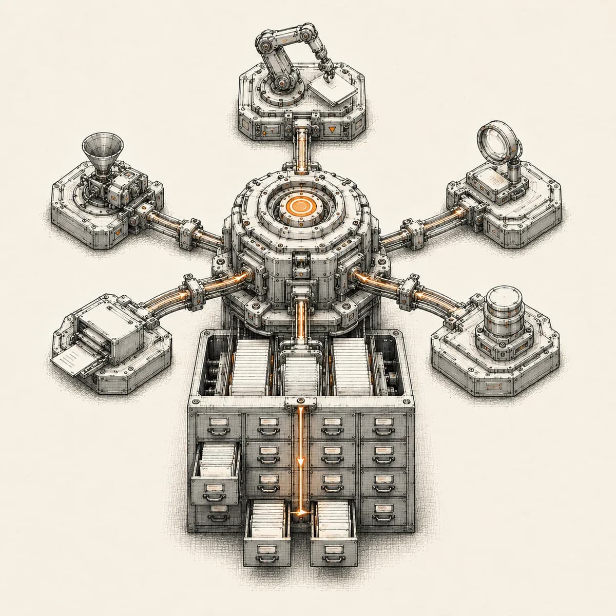 Ink illustration of a central processing core routing pipes to a robotic arm, intake hopper, and inspection lens, feeding a bank of labeled memory drawers — AI operating system