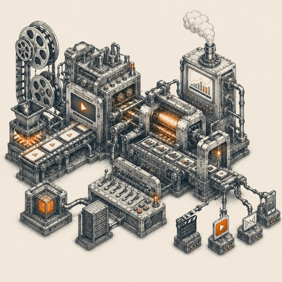 Ink illustration of a film-reel assembly line turning scripts into scenes — AI video automation