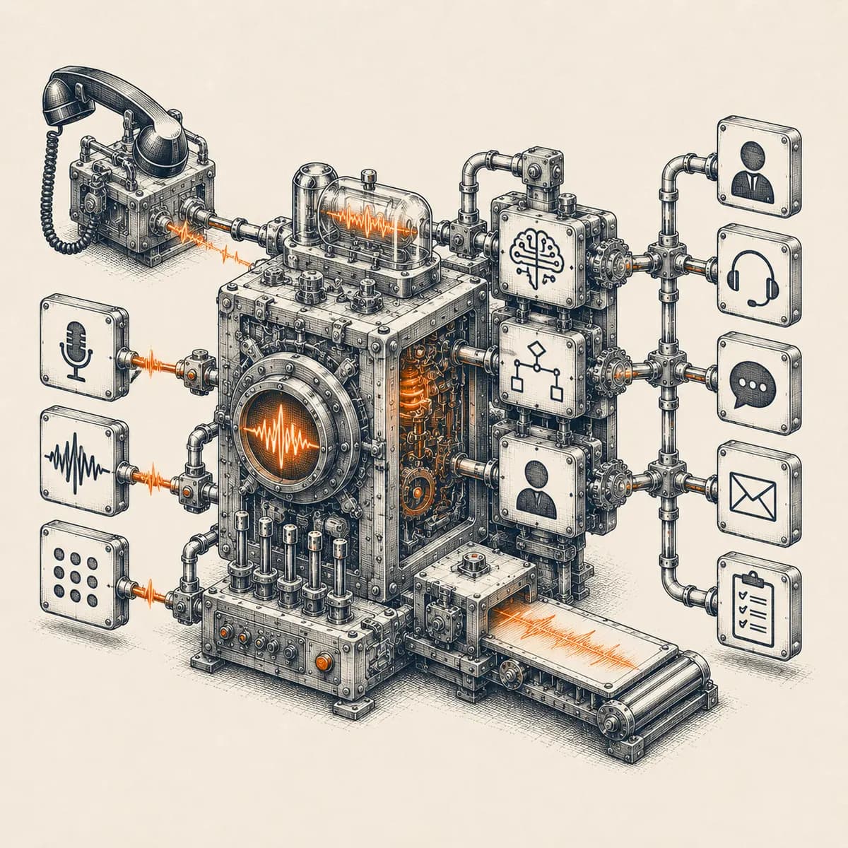 Ink illustration of a telephone switchboard machine emitting sound waves — AI voice agents