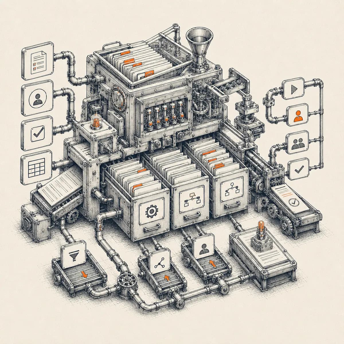 Ink illustration of a modular record-keeping machine with custom pipeline stages — custom CRM implementation