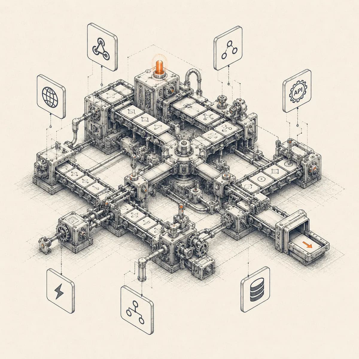 Ink illustration of a workflow routing machine with branching pipes and valves — n8n development