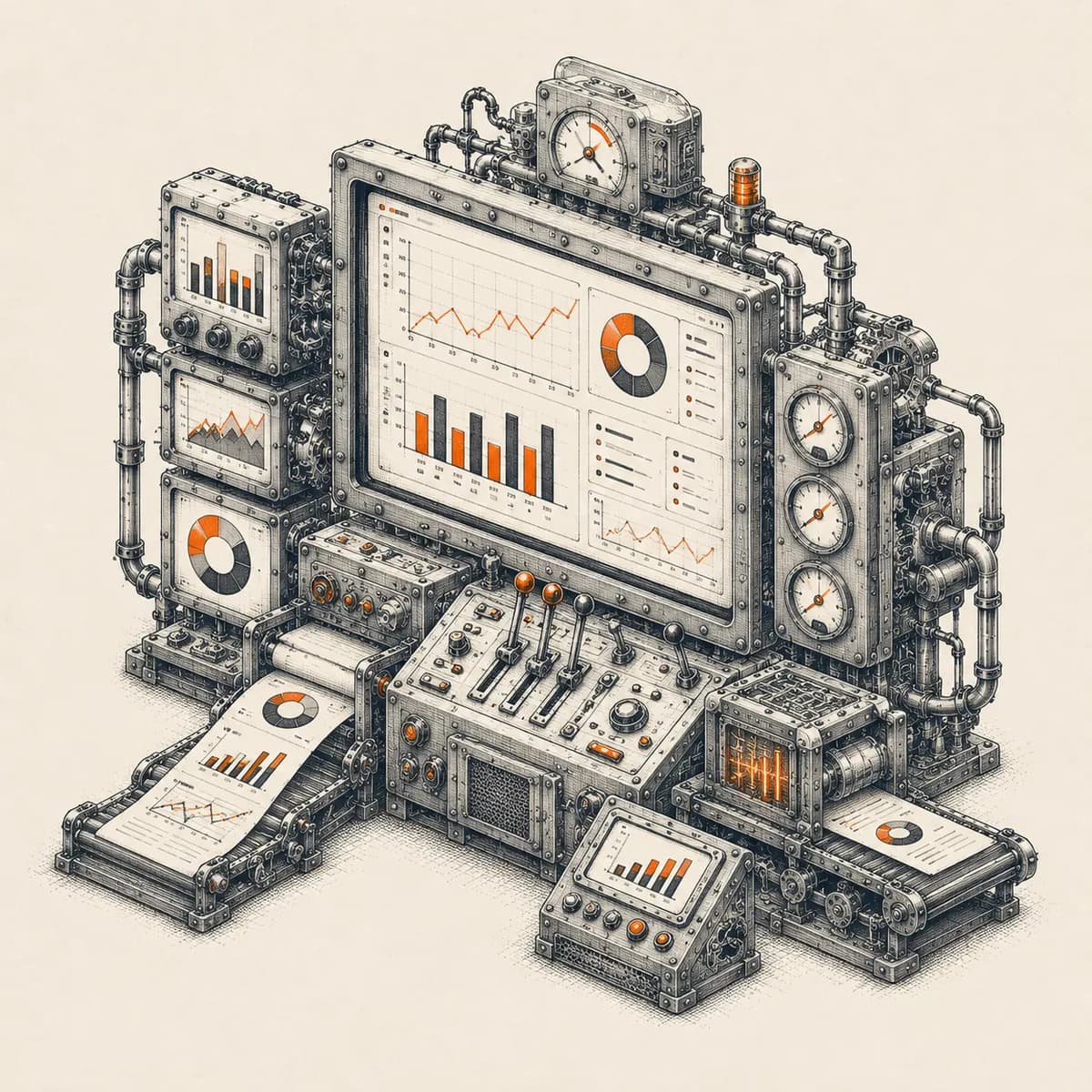 Ink illustration of an instrument wall with gauges, charts, and dials — reporting dashboards
