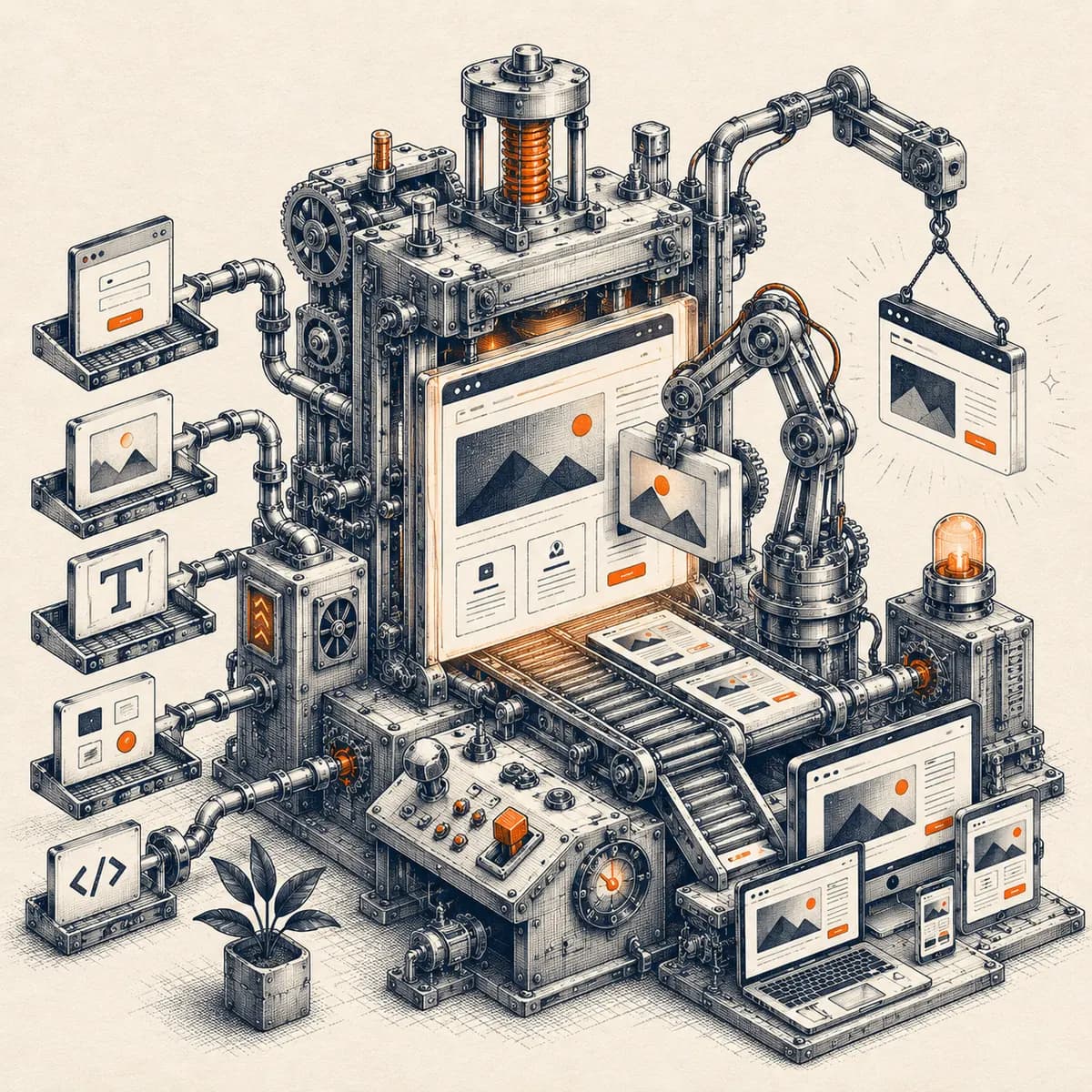 Ink illustration of a drafting press printing a website frame — website development