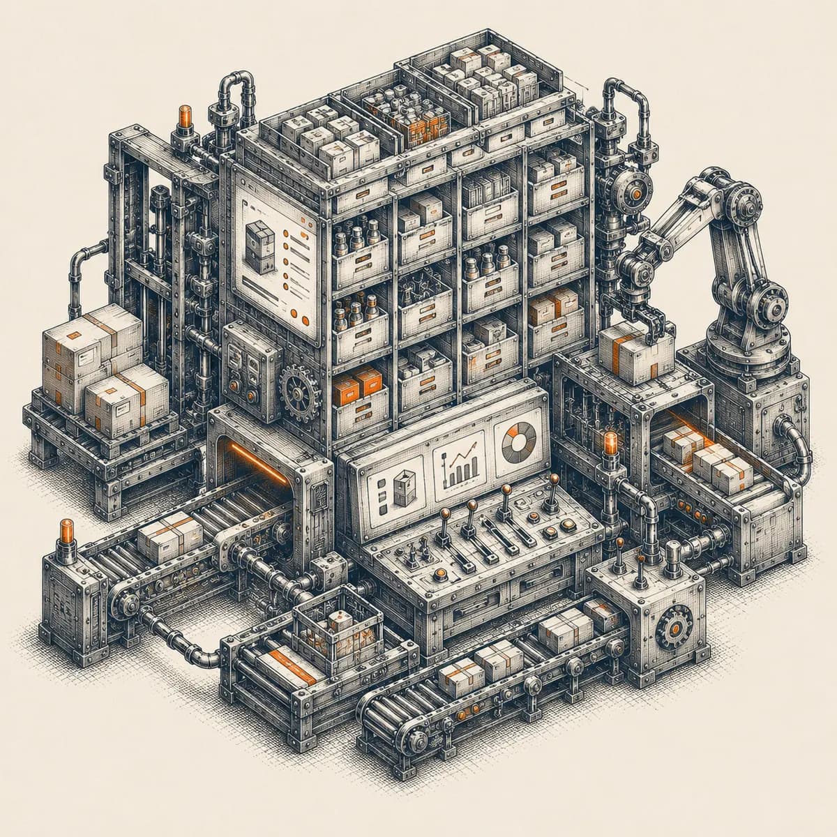 Ink illustration of a warehouse sorting machine with stacked crates and conveyors — Zoho Inventory