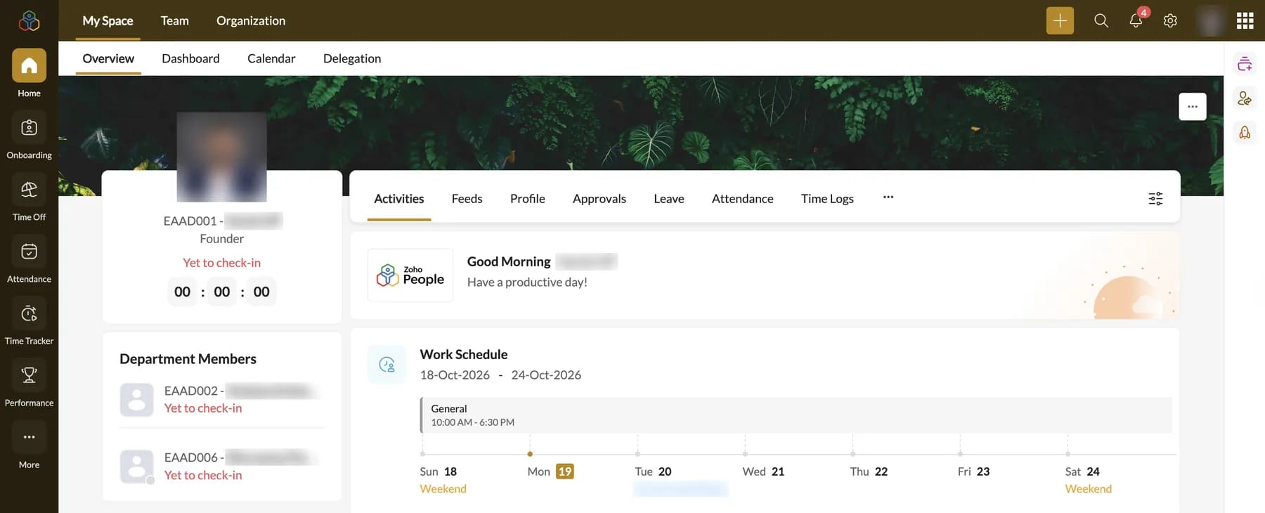 Zoho People employee home with auto-generated employee IDs, check-in timer, department members and the weekly work schedule
