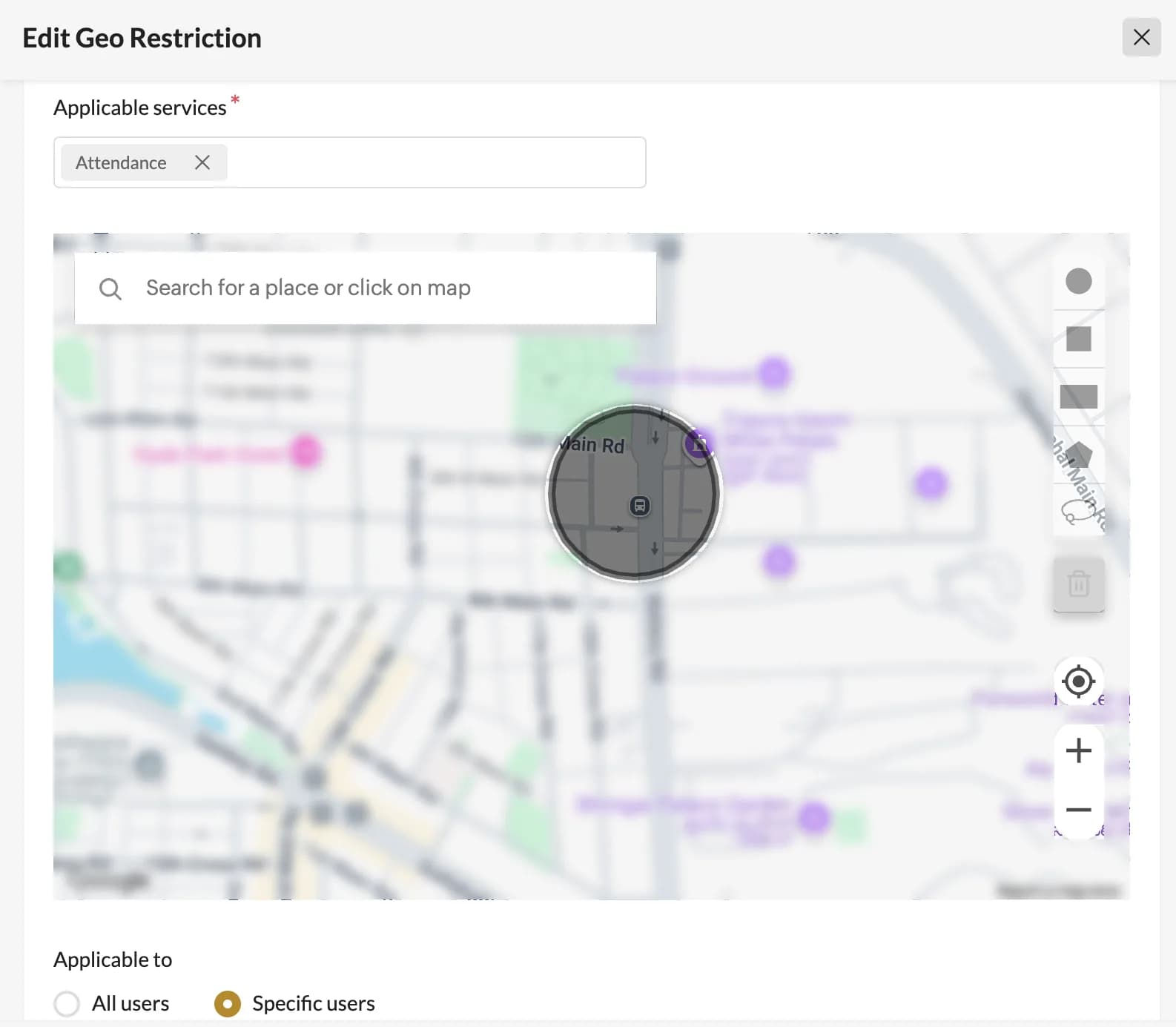 Zoho People attendance geo restriction with a circular geofence drawn on the map for specific users