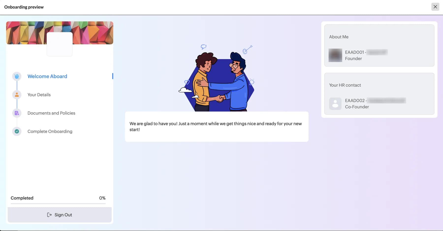 Zoho People onboarding steps: welcome, your details, documents and policies, complete onboarding, with the HR contact shown