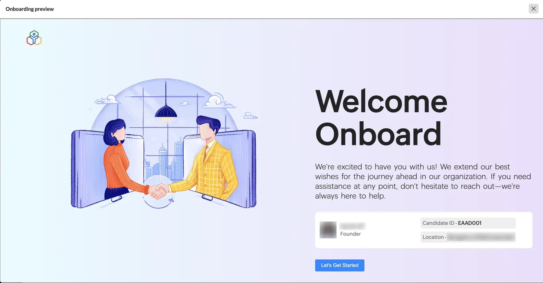 Zoho People candidate onboarding portal welcome screen with the new hire's candidate ID