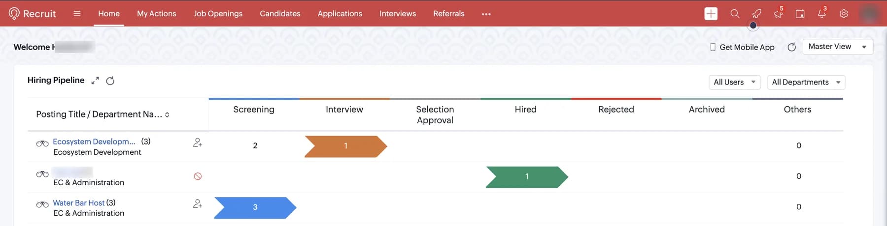 Zoho Recruit hiring pipeline showing job openings by department across screening, interview, hired and rejected