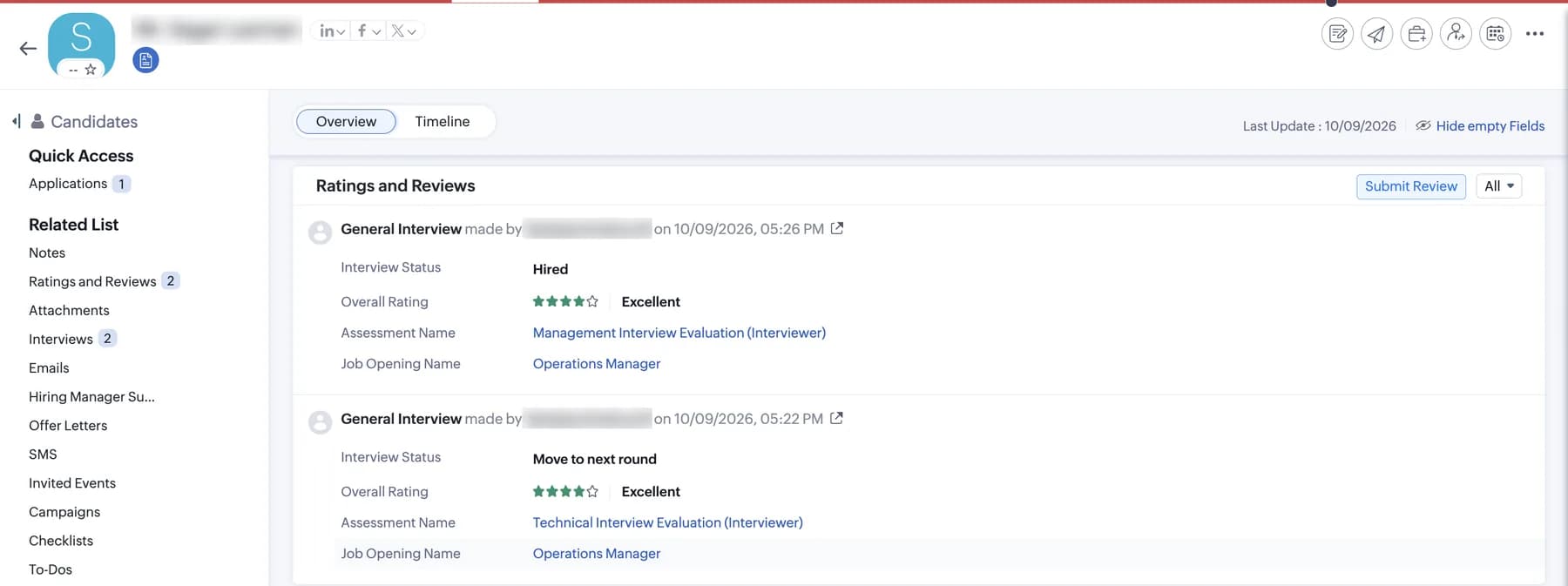 Zoho Recruit candidate record with technical and management interview evaluations and ratings