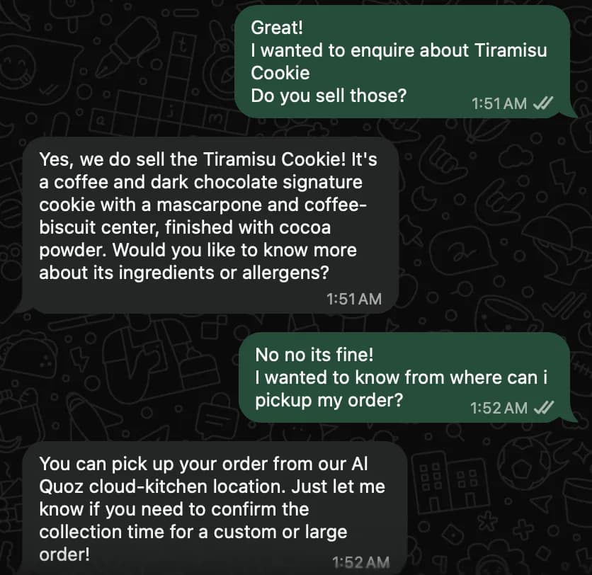 WhatsApp conversation where the bakery's AI assistant describes a cookie from the knowledge base and gives the pickup location