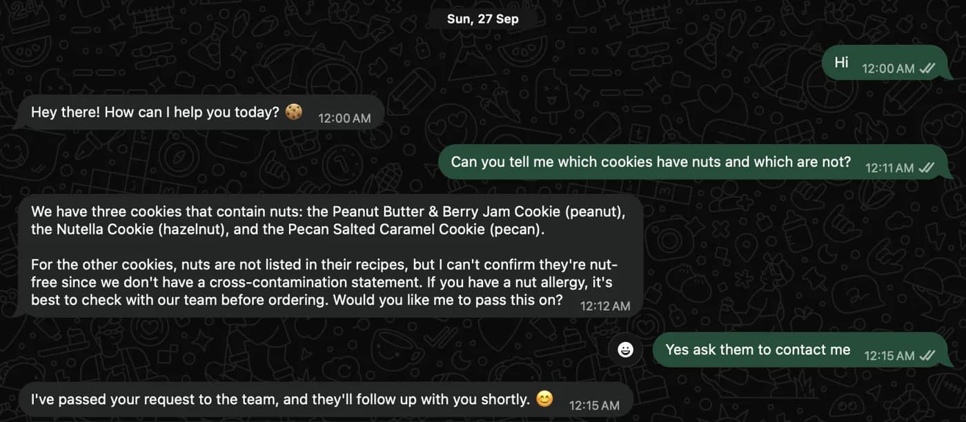 WhatsApp conversation where an AI assistant answers a product question accurately and passes the customer to the team