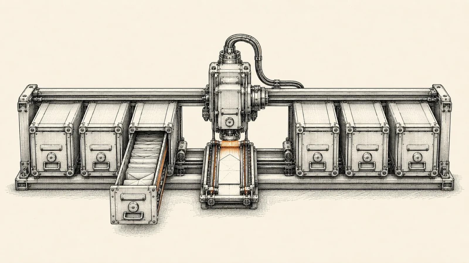Technical illustration of a modular drawer cabinet feeding one open module into a central mechanical reading head, representing an AI agent loading a single skill on demand.
