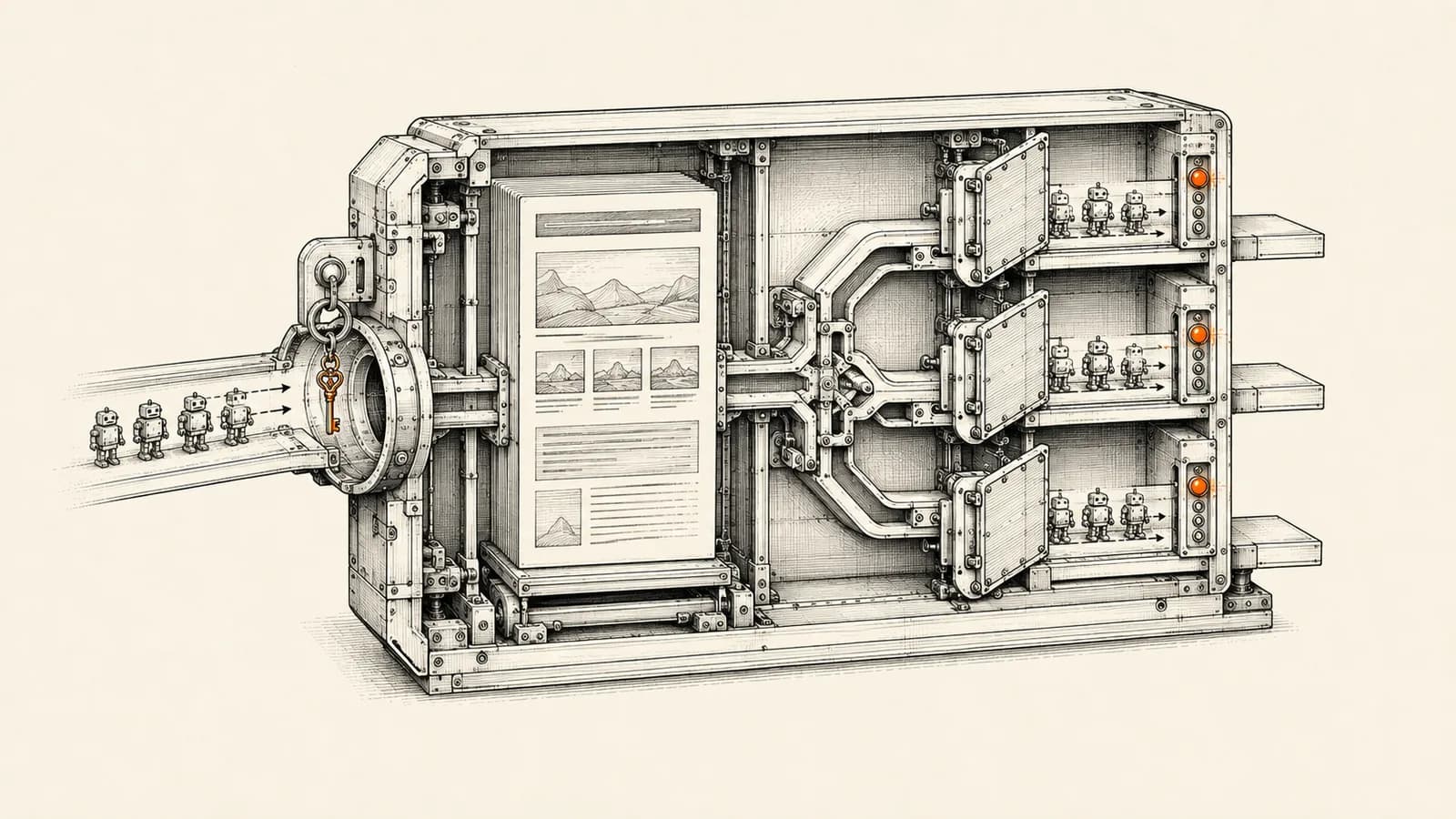 Technical atelier illustration of a website drawn as a mechanical intake gateway sorting AI search crawlers, agents and training bots into three separate gated channels.