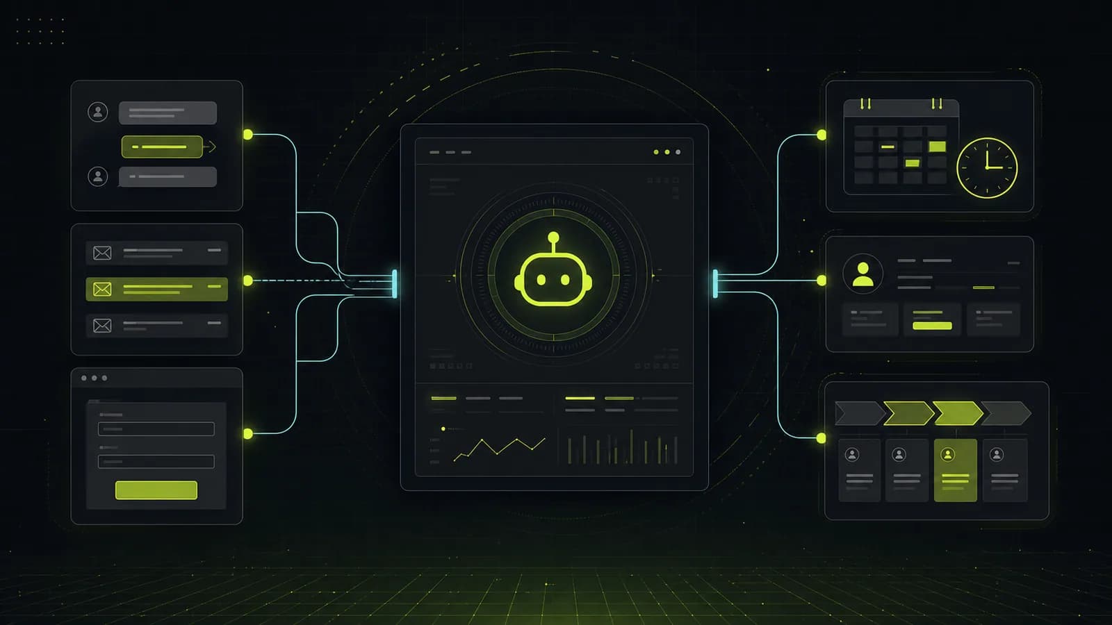 Dark technical blog cover showing an AI follow-up agent connecting chat, email, website forms, and CRM sources to reminders, sales tasks, CRM updates, and pipeline progress
