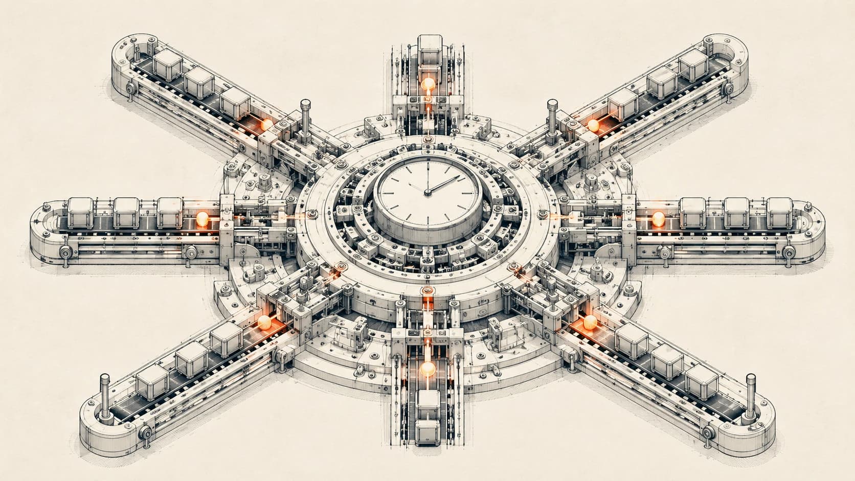 Technical atelier illustration of a central dispatch mechanism with multiple timed output channels radiating outward, representing automated follow-up pathways running on schedule without manual intervention