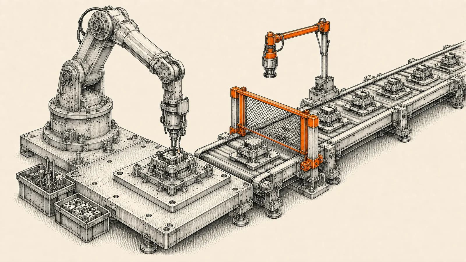 Technical atelier illustration of a mechanical drafting arm assembling a component that passes through an inspection gate onto a running conveyor, representing AI coding agent output handed to a production runtime.