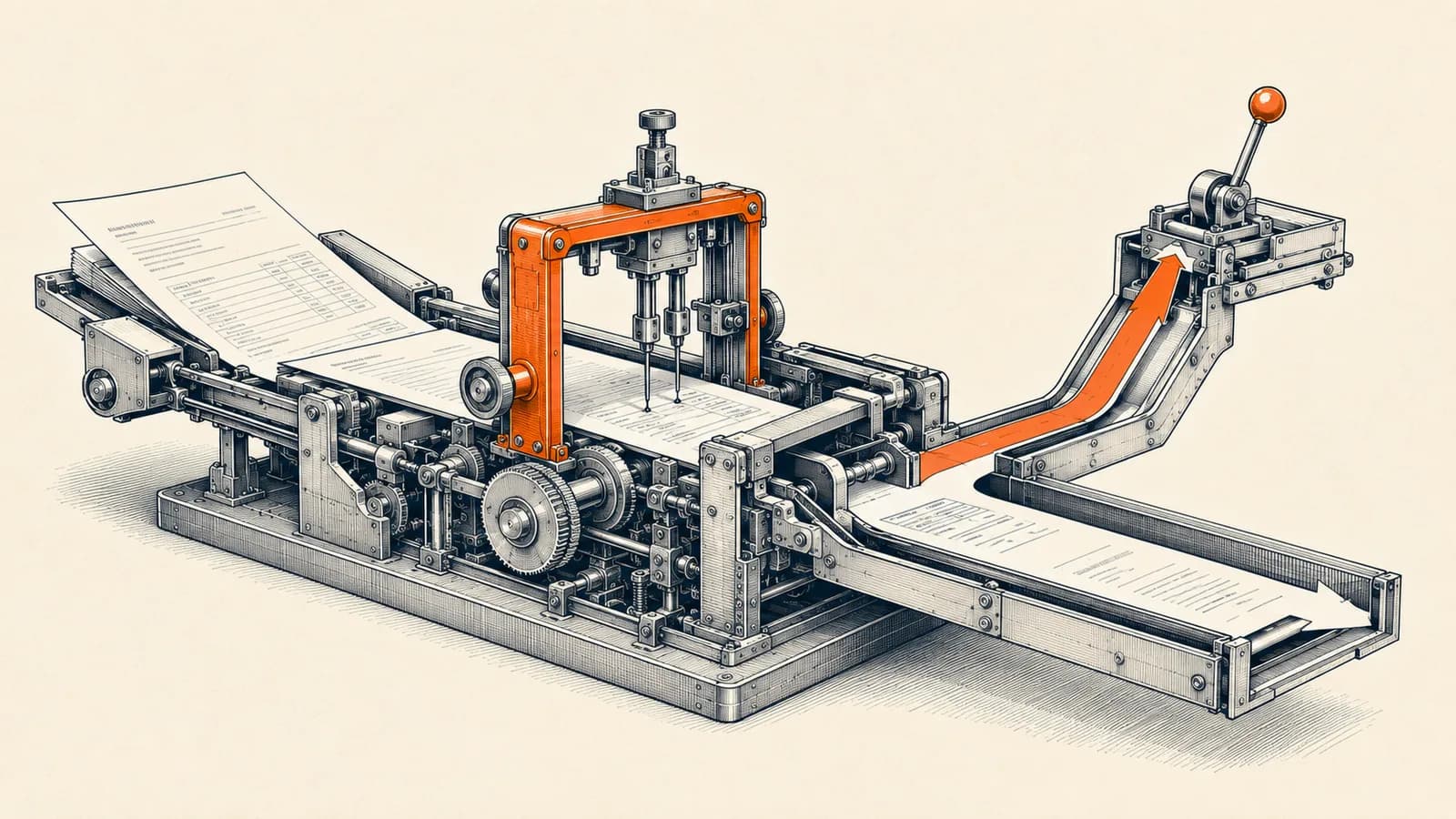 Technical illustration of a mechanical invoice-processing apparatus routing a vendor invoice through an inspection stage into an automated path and a manual review branch.