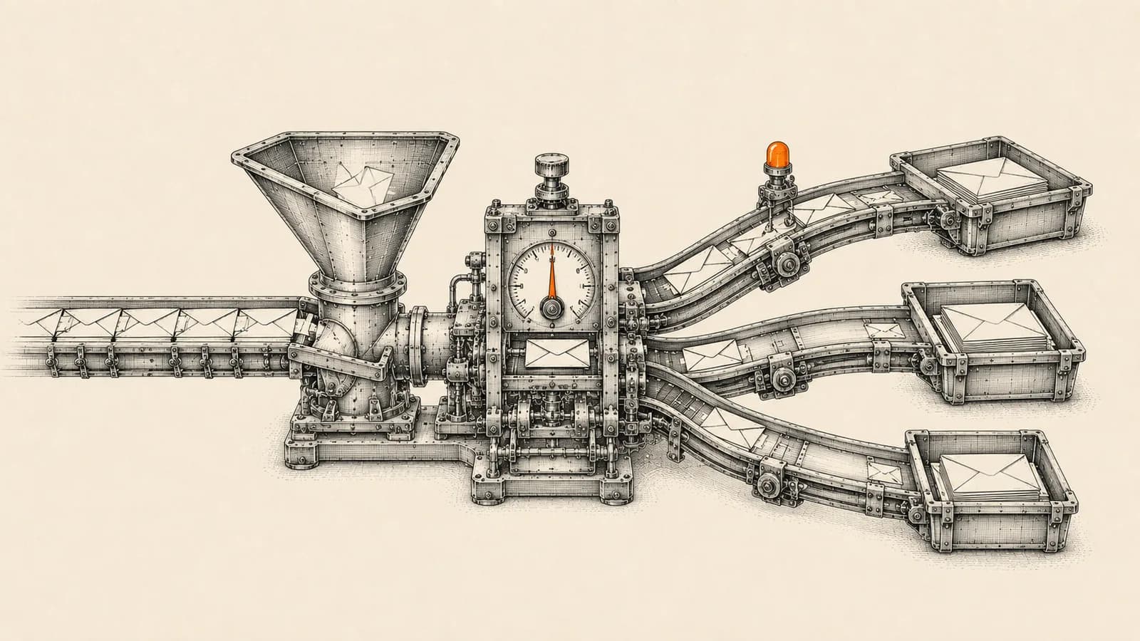 Technical atelier illustration of a mechanical lead intake system routing incoming enquiries through a scoring gate into three separate priority channels.