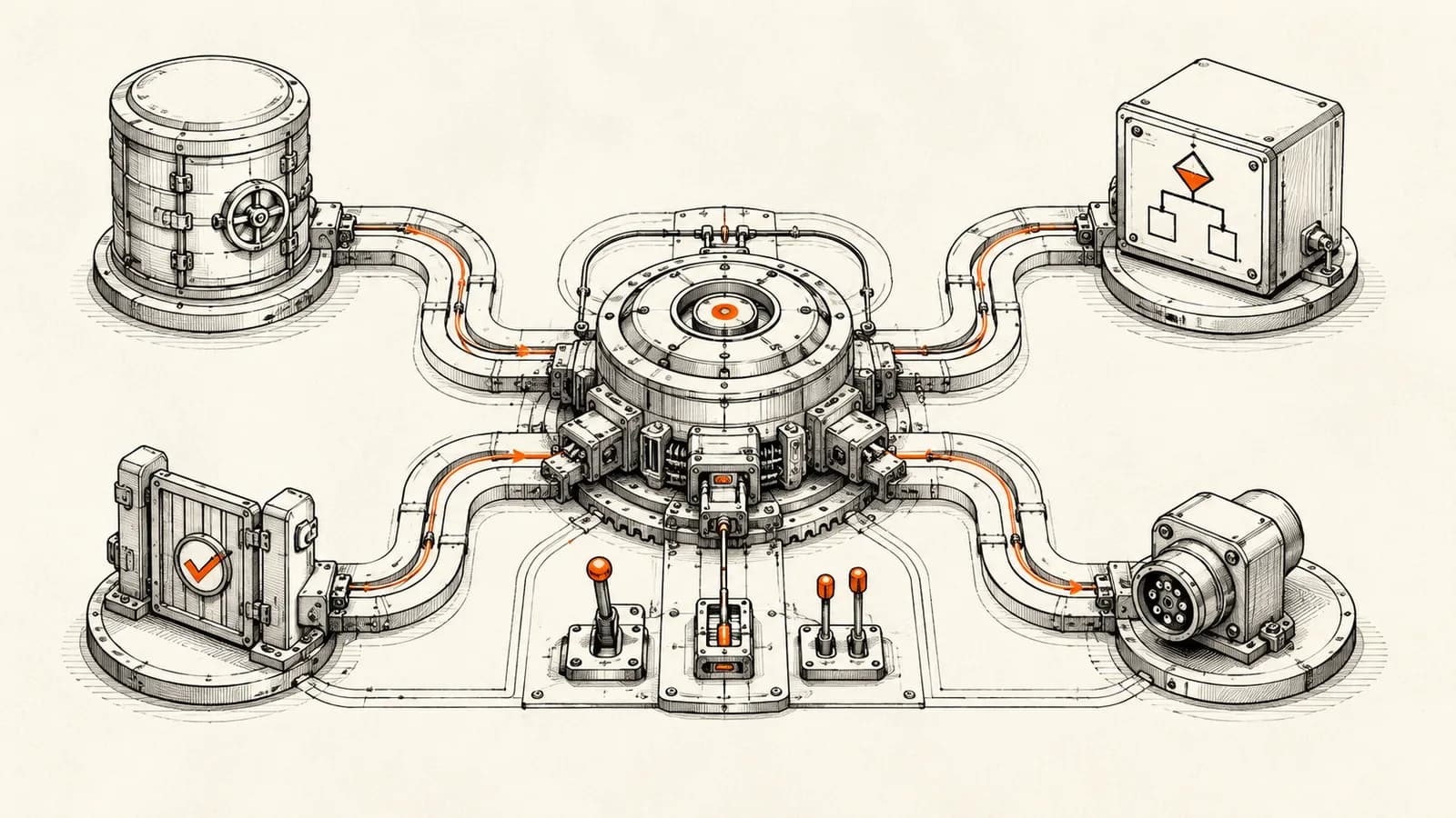 Technical atelier illustration of a central orchestration hub routing signals to modular business components, representing an AI operating system for a small business.
