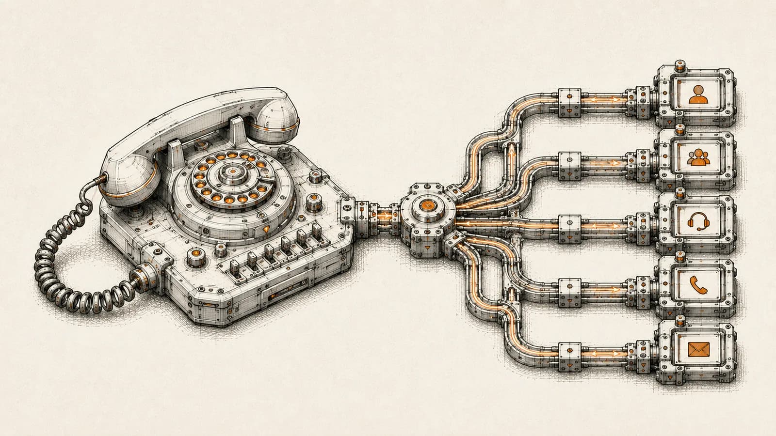 Technical illustration of a rotary telephone handset connected to a branching network of mechanical signal routing channels, representing an AI voice agent directing business calls.