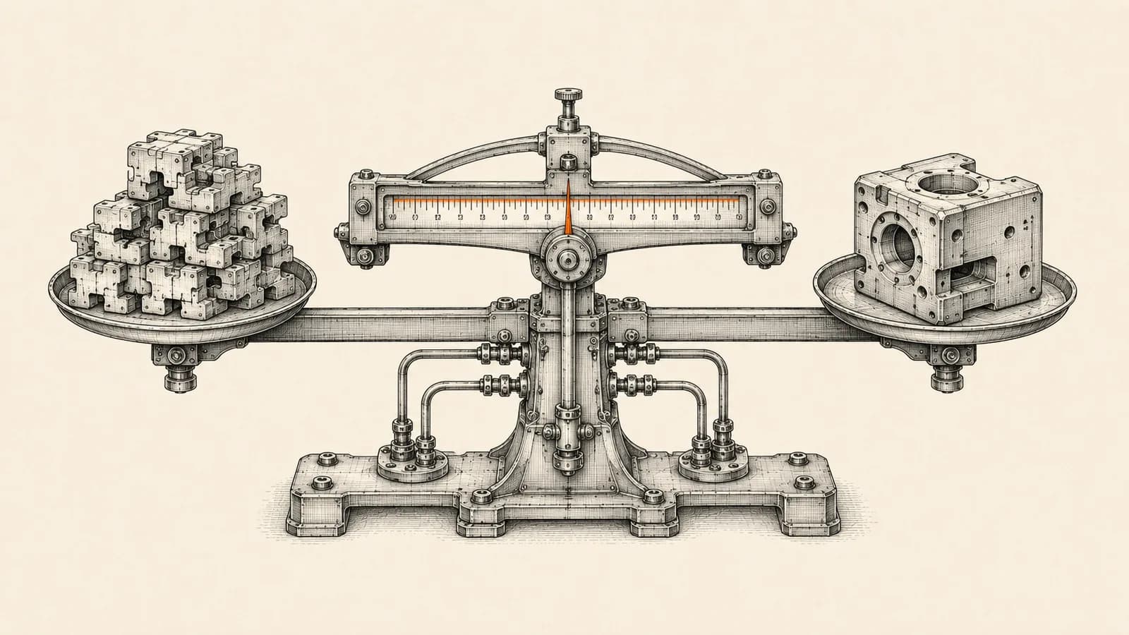 Engineering-style schematic of a balance scale weighing a stack of modular off-the-shelf CRM components against a single custom-machined block.