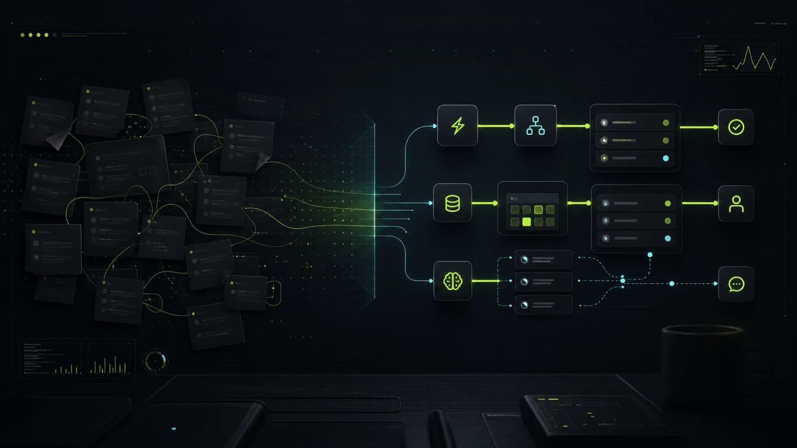 Dark graphite automation planning interface showing manual task cards turning into clean workflow nodes, CRM blocks, database state, and AI decision paths