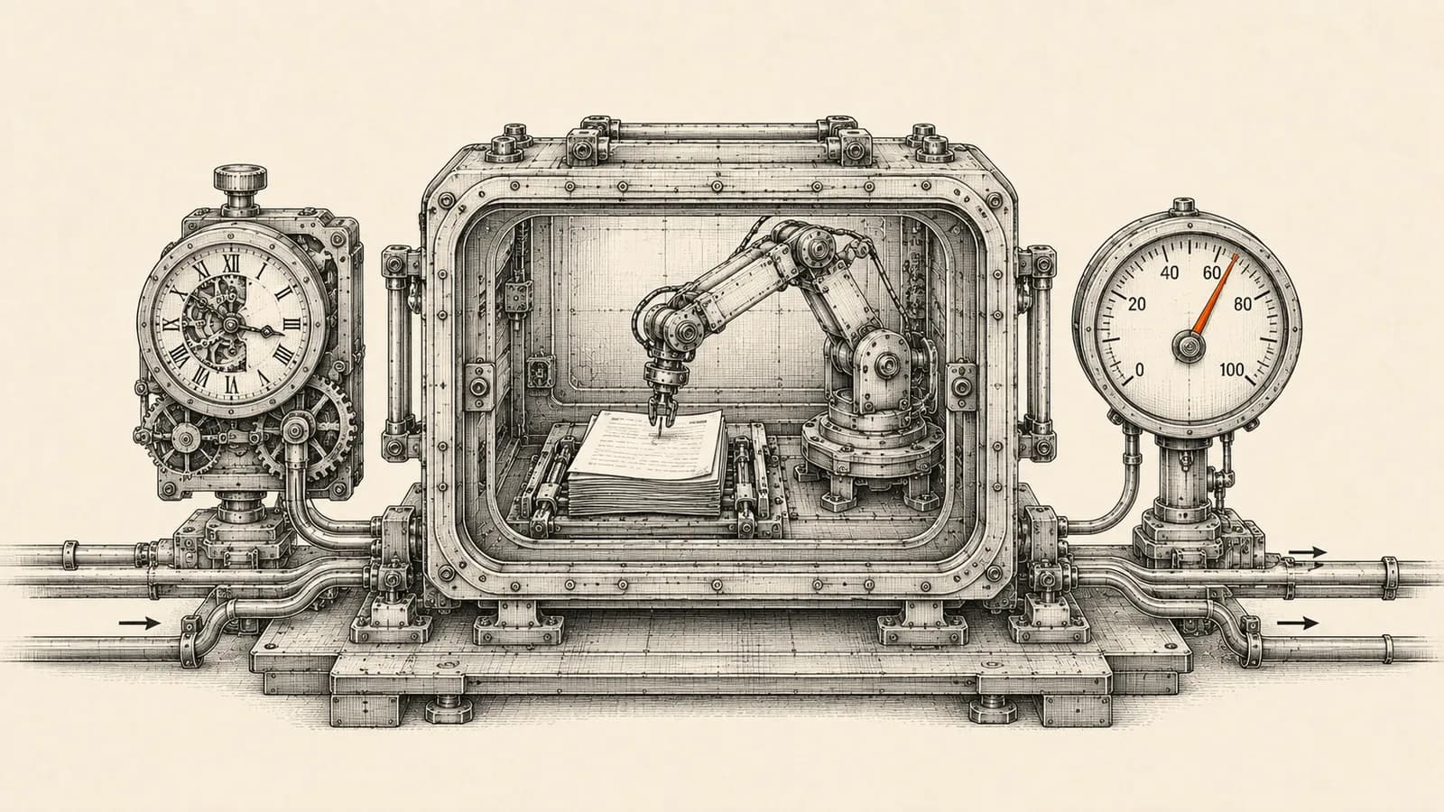 Technical illustration of a sealed mechanical agent chamber driven by a scheduling timer and bounded by a calibrated spend gauge, representing Claude Managed Agents running business tasks on managed infrastructure.