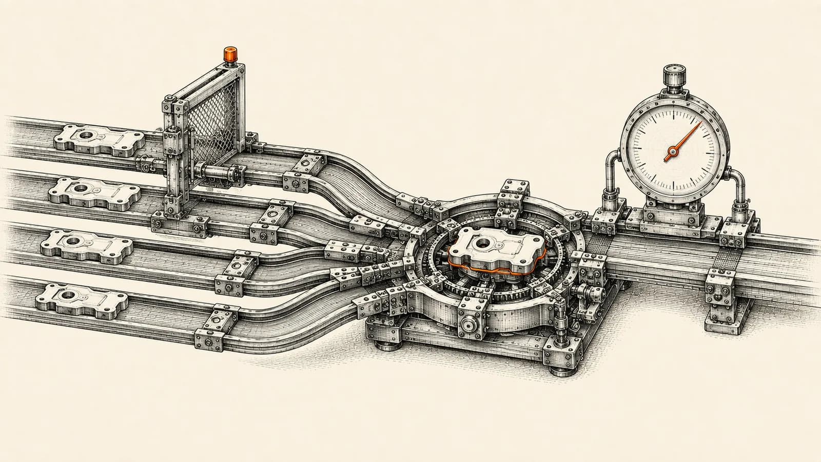 Technical atelier illustration of a mechanical intake gate merging three duplicate CRM record channels into one master record while diverting rejected entries to a side tray.