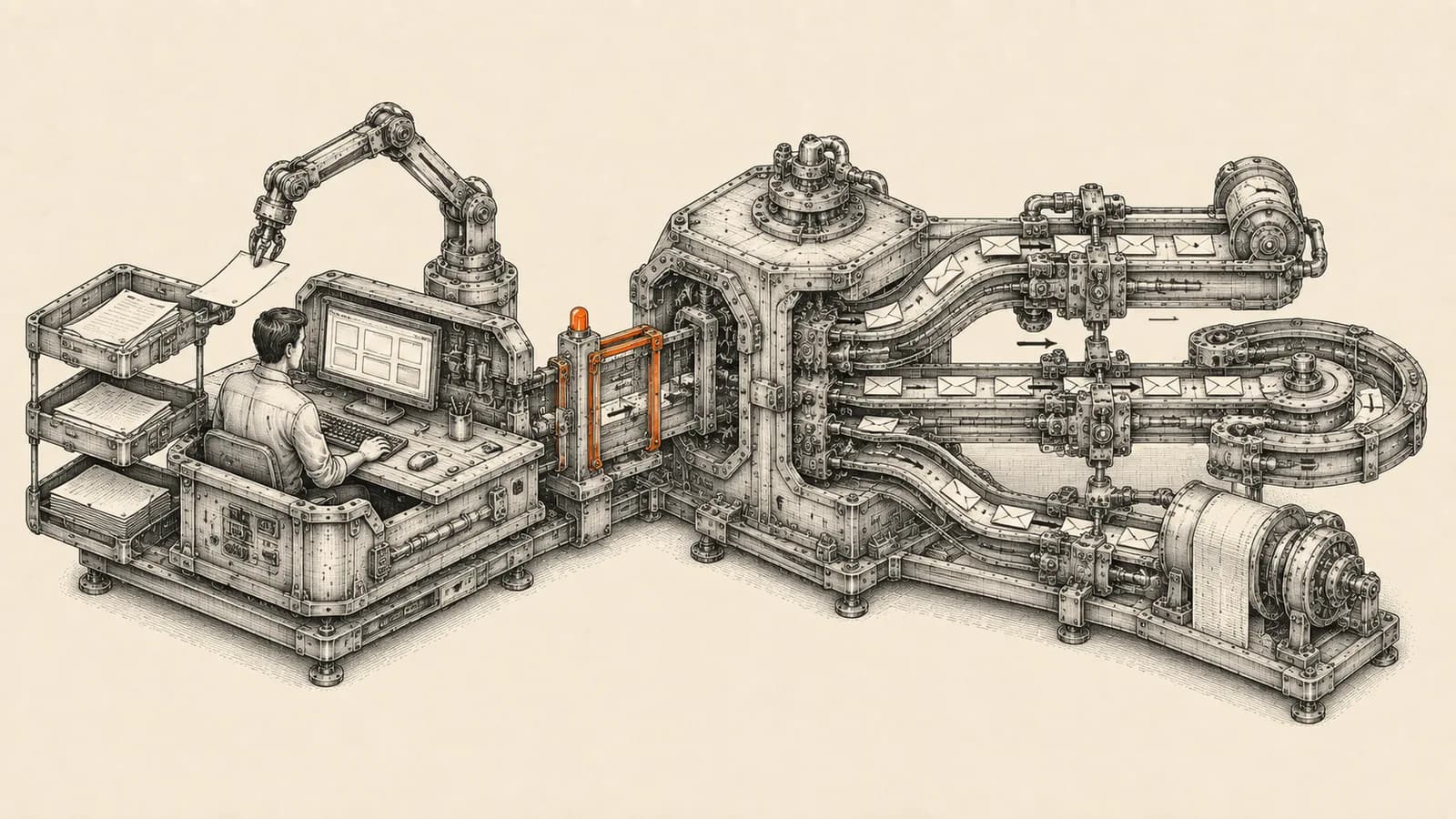 Technical illustration of a personal desktop workstation module docking into a larger automation orchestration machine through a single controlled gate.