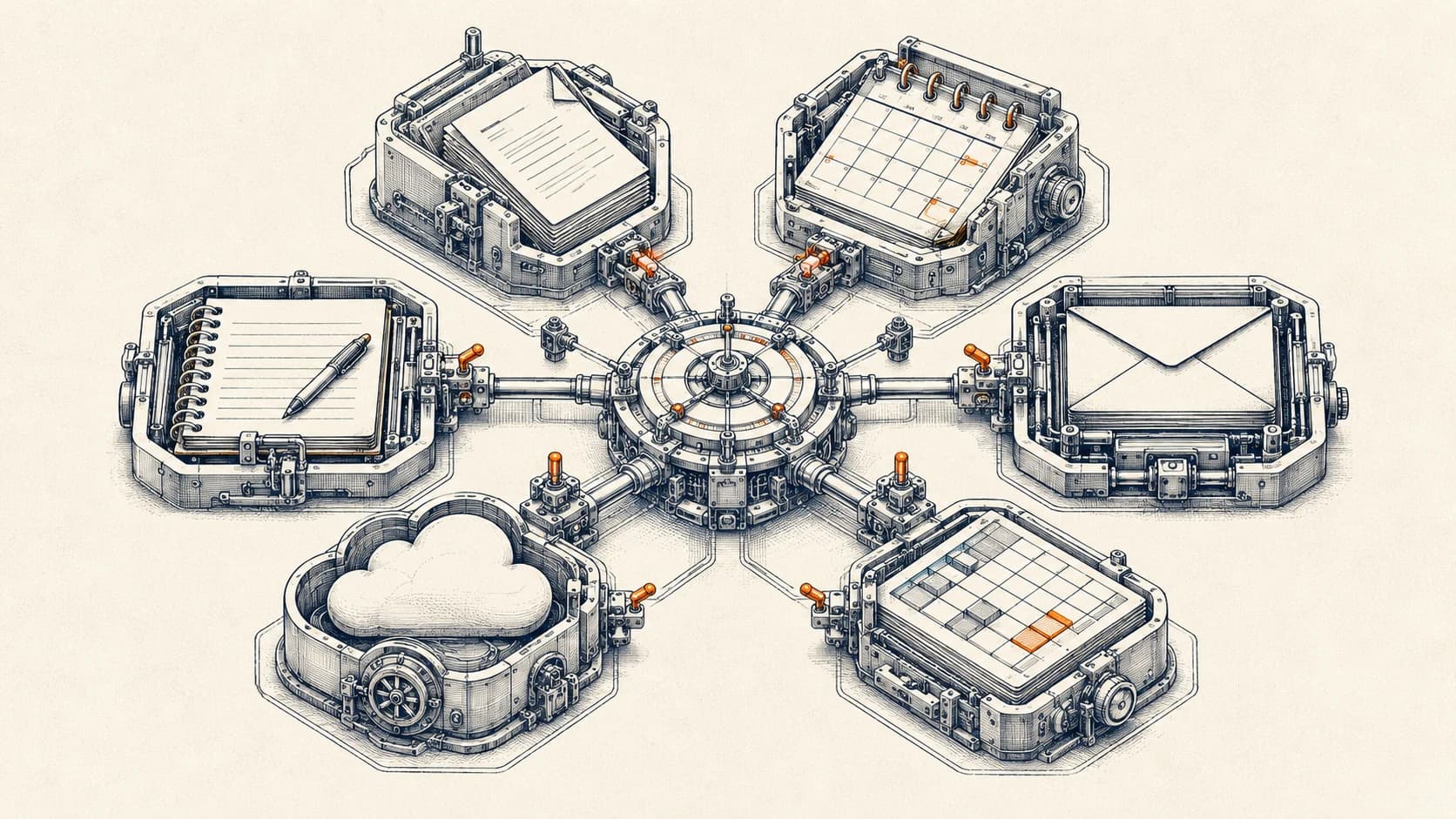 Technical atelier illustration of a compact multi-channel operations console with six functional modules connected through a central routing hub, representing automated daily workflows across a founder's productivity tools