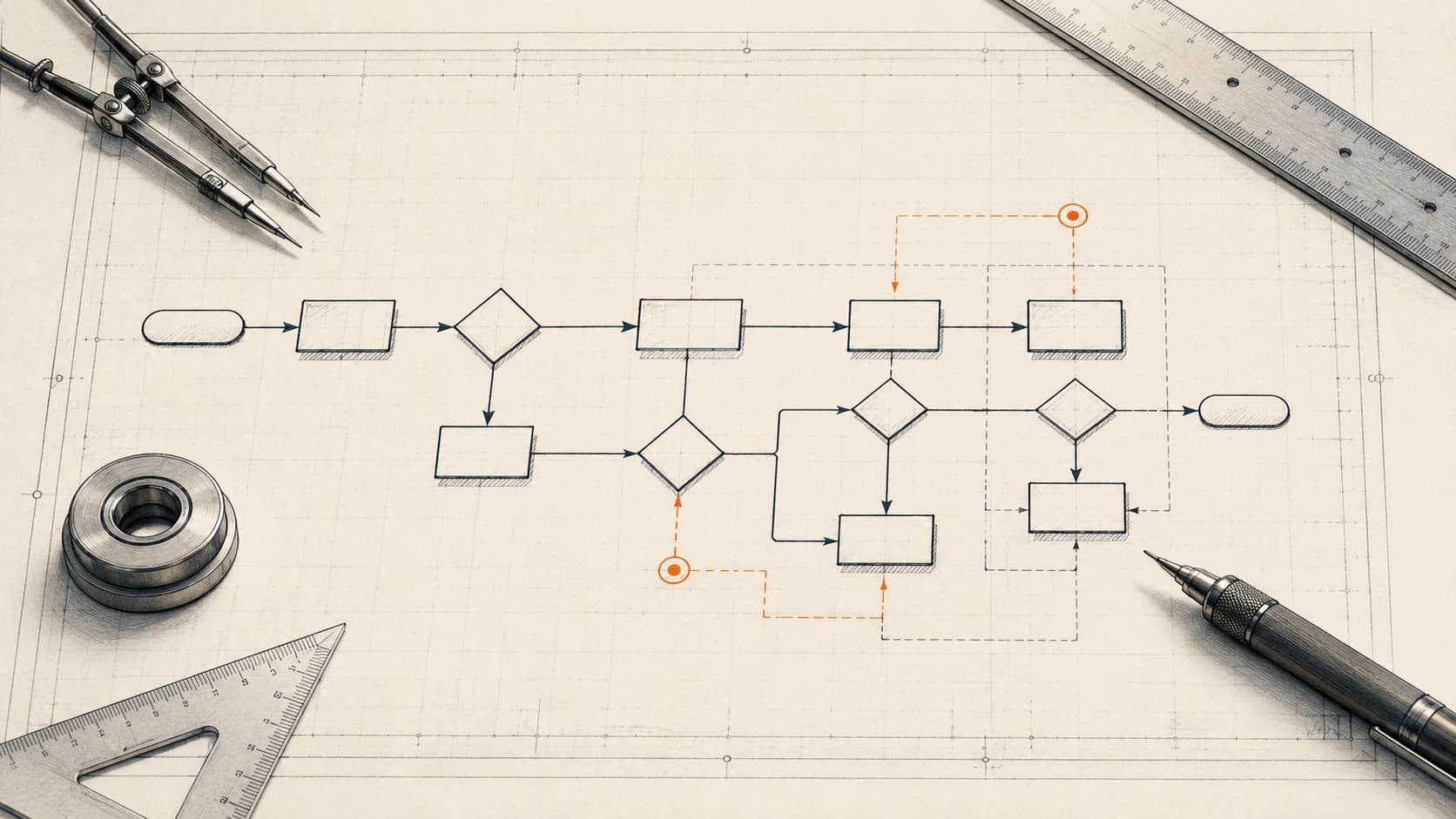Technical atelier illustration of a partially-drafted process map with flow nodes and decision diamonds arranged on an engineering drawing surface, representing business process design before automation