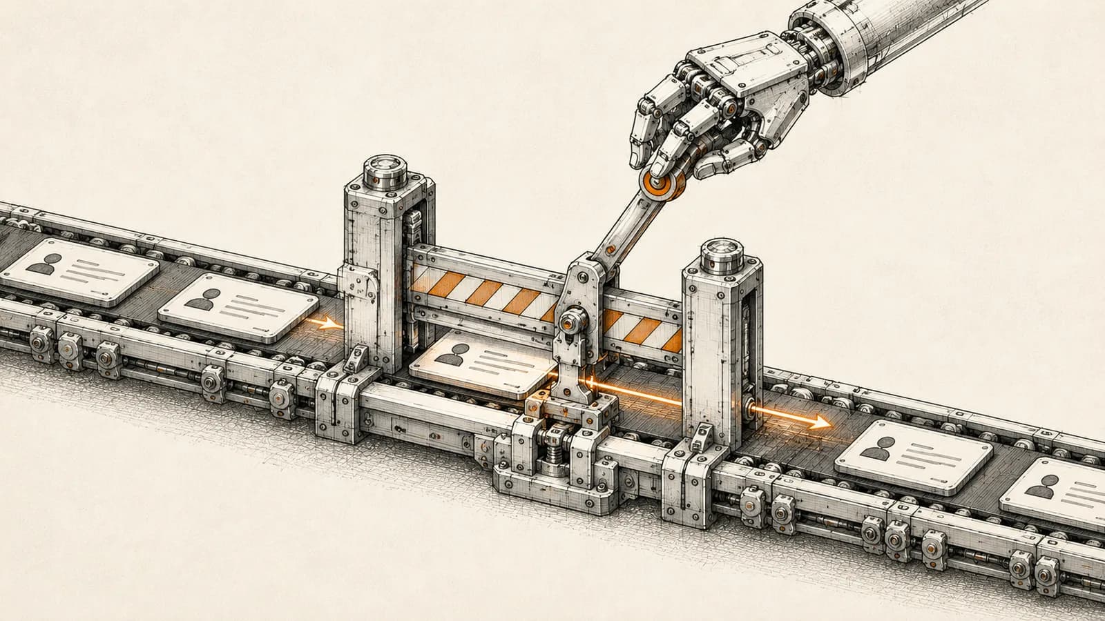 Technical illustration of a mechanical conveyor channel with a hand-shaped gate lever controlling an automated routing arm, representing a human approval checkpoint in an AI agent workflow
