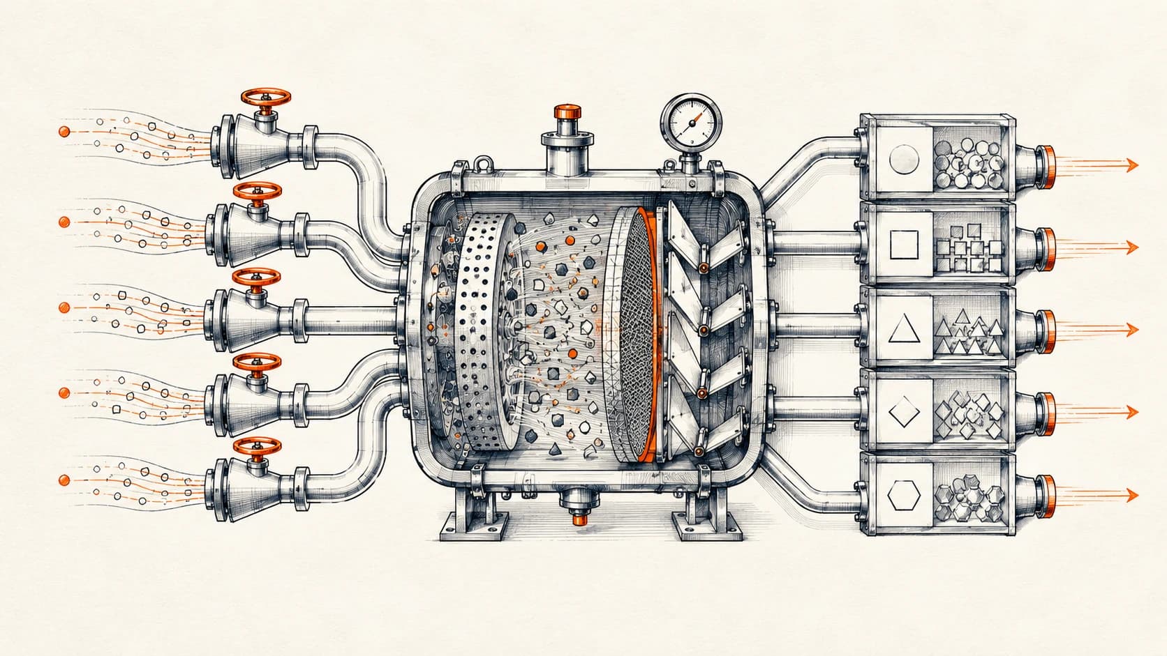 Technical atelier illustration of a mechanical intake and routing mechanism receiving inquiry signals, filtering them through a central processing chamber, and channeling them into organized labeled output compartments representing CRM records