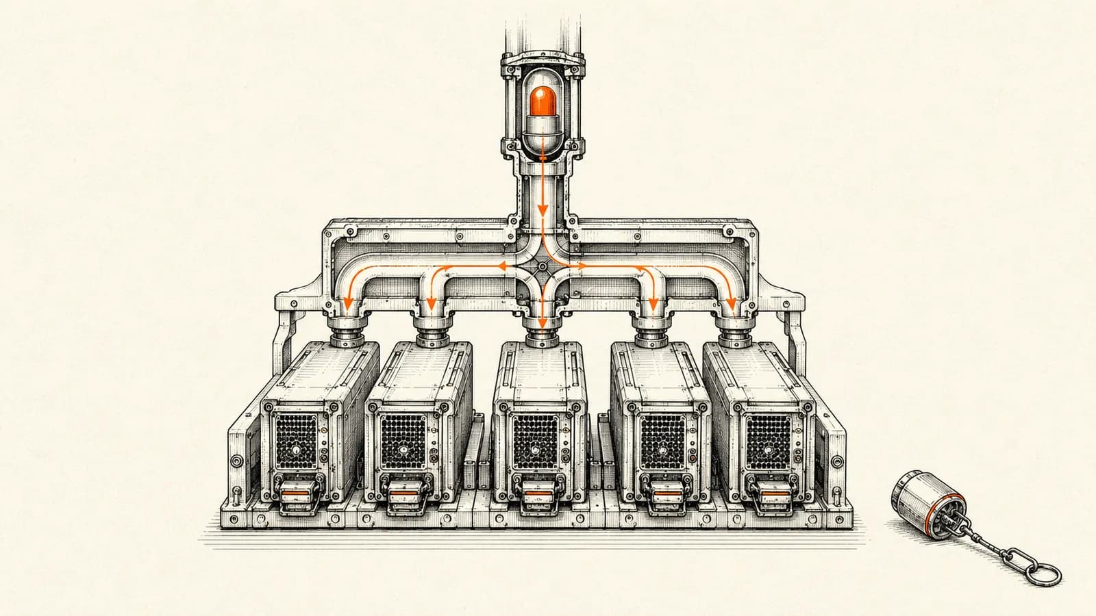 Technical atelier illustration of a stateless request-routing manifold sending one request into any of several identical interchangeable server modules, with a disconnected session-key component set aside.