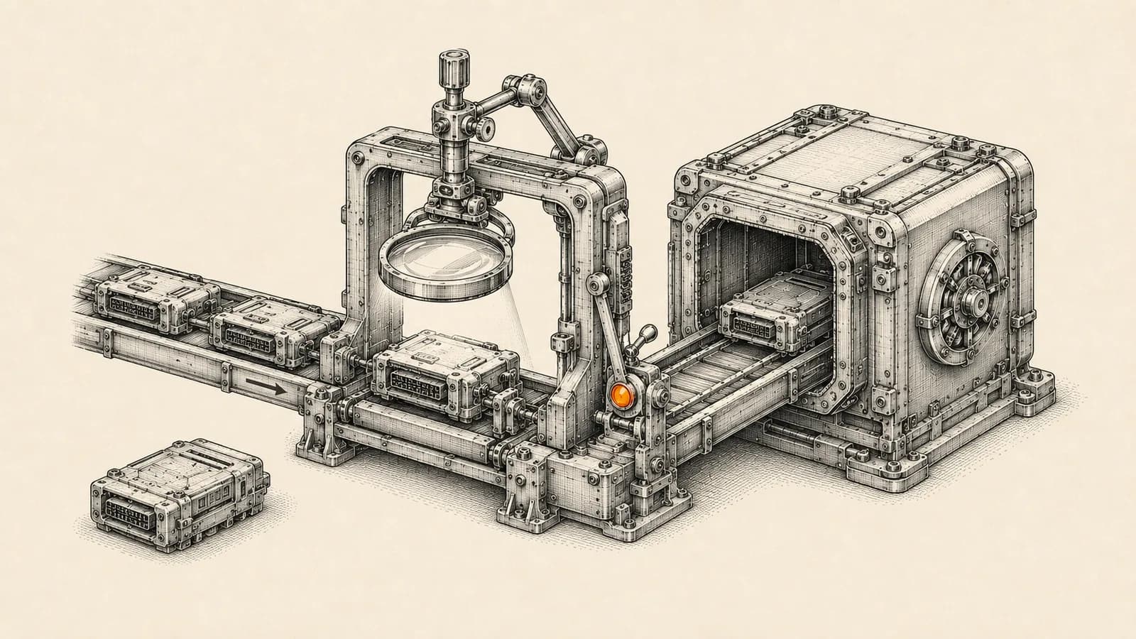Technical atelier illustration of a modular MCP server component being inspected under a magnifying lens at a gate before entering a sealed business system.