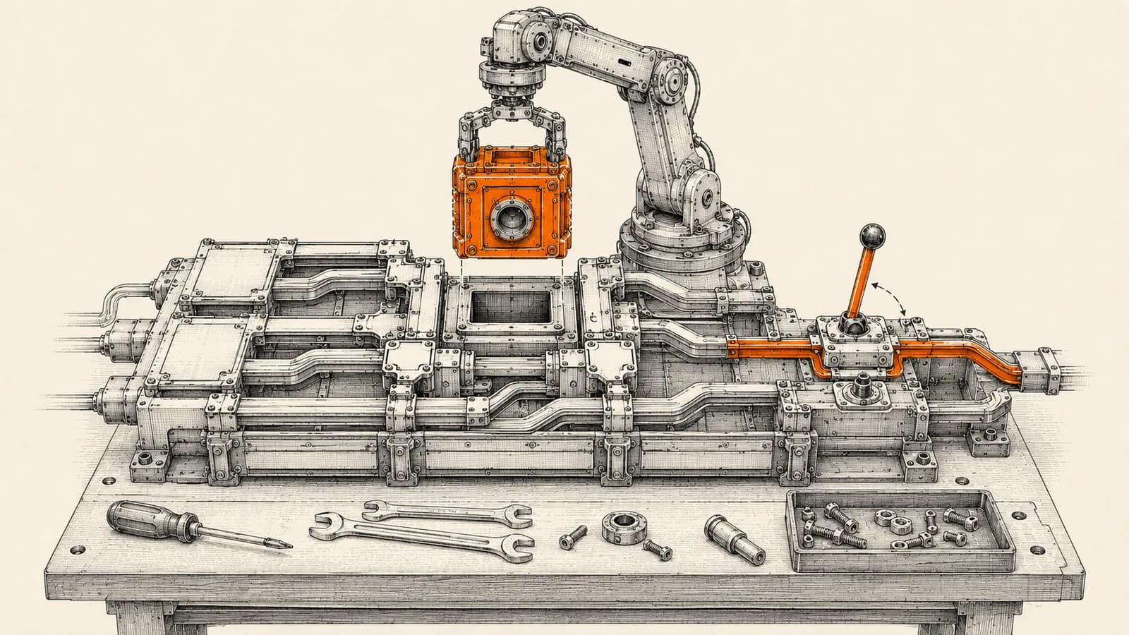 Technical engineering illustration of a modular workflow engine being upgraded, with an isolation chamber module lowered into place and a lever switching a flow path from staging to live production.