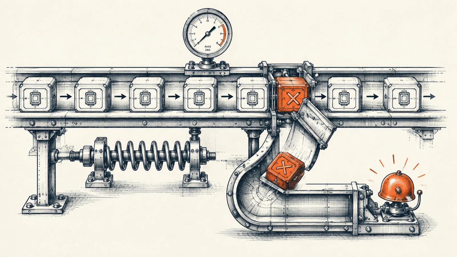 Technical ink illustration of an automation conduit diverting a failed process module into a safety channel that ends in an alarm bell, representing n8n error handling.