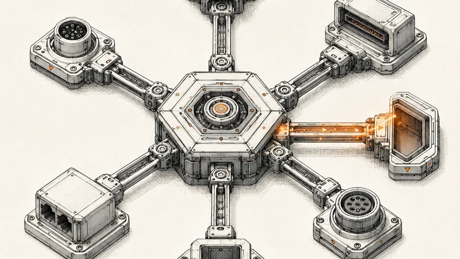 Line-art illustration of a central mechanical hub dispatching signal pulses along channeled arms to modular ports, representing an n8n MCP server routing tasks to AI agent tools.