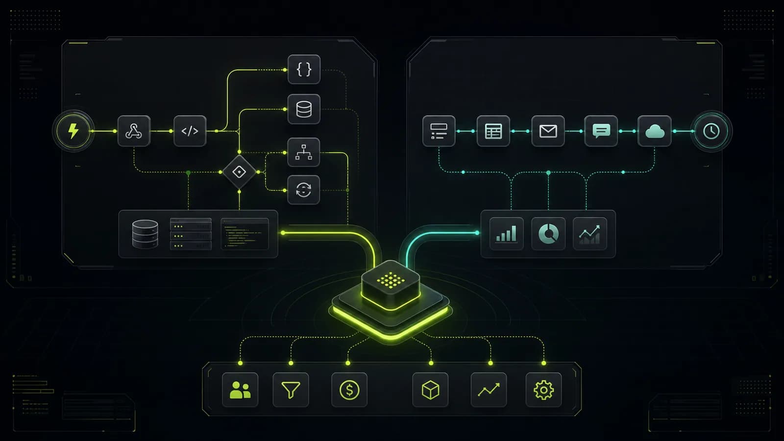 Dark technical comparison visual showing two abstract automation platform approaches with webhook nodes, app connectors, databases, and decision layers for startup operations.
