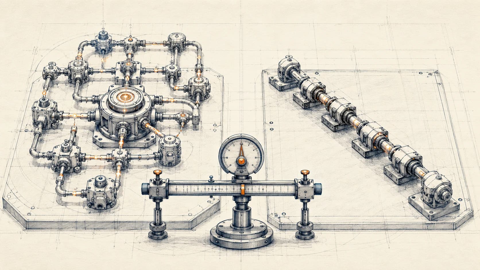 Technical atelier illustration of two workflow engine schematics side by side — a complex multi-node network versus a simple linear connector chain — with a precision evaluation instrument between them