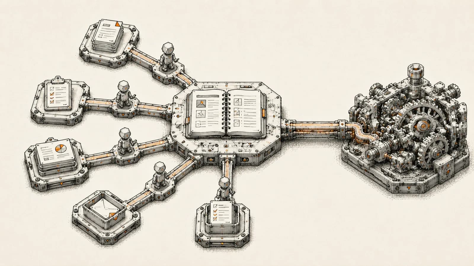 Schematic illustration of a central knowledge-hub console routing tasks to small agent figures, with one path connecting to a separate gear-driven automation engine, representing Notion AI agents handing off work to a dedicated automation platform.