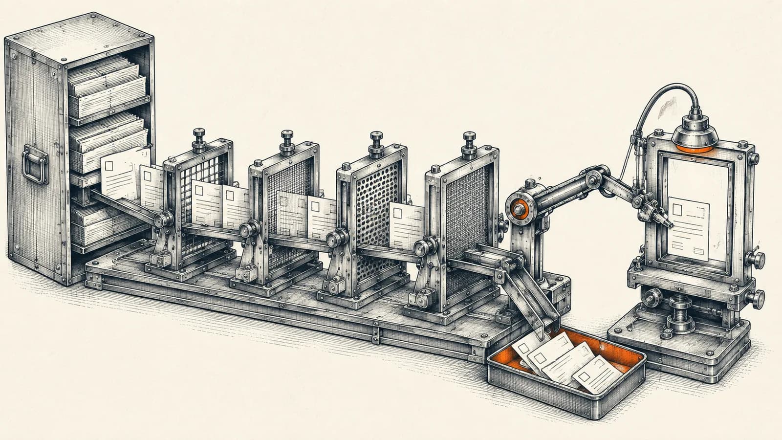 Technical illustration of a mechanical document-sorting system narrowing many archived files through filtering gates down to one selected card in a reading frame.