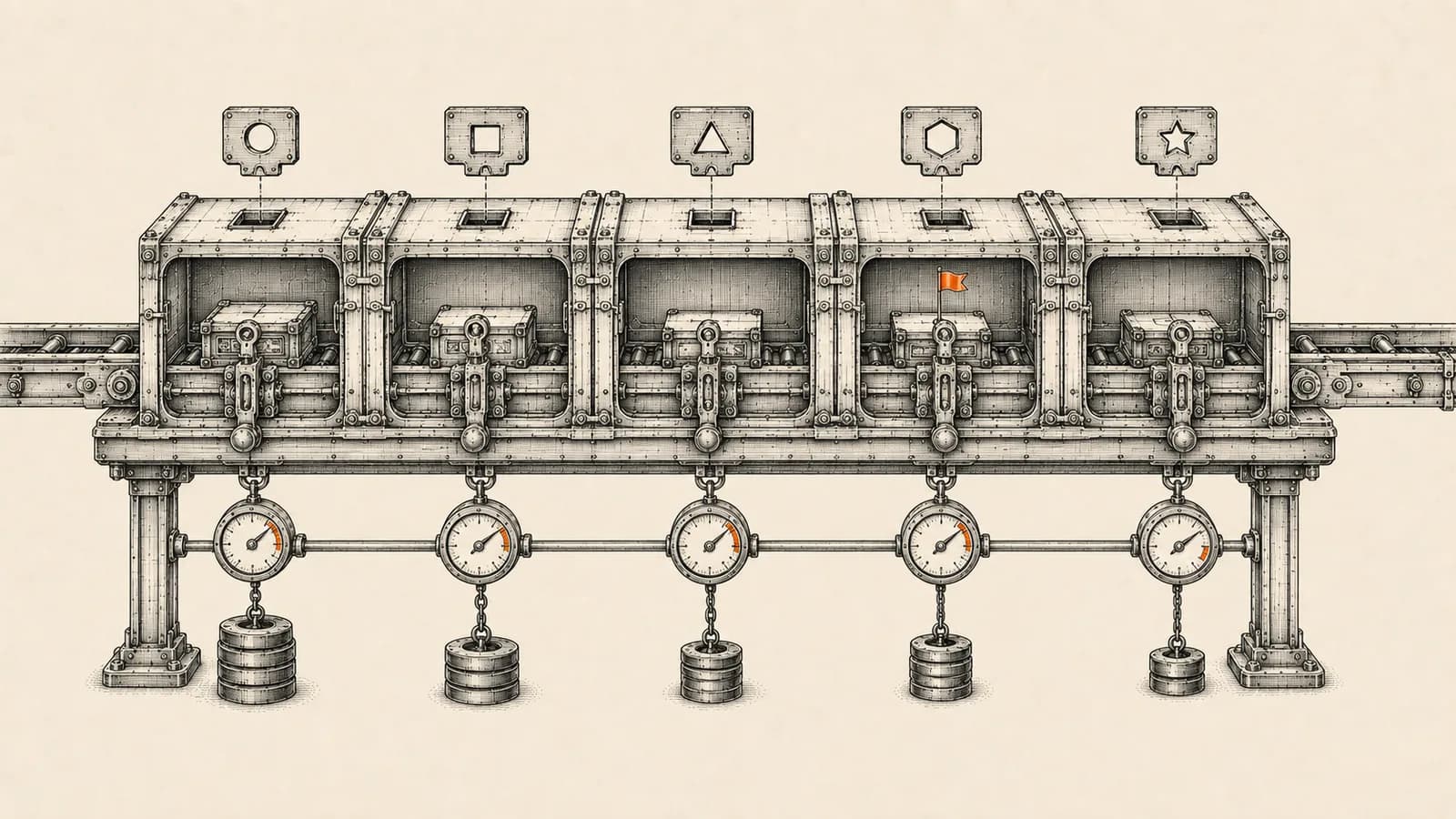 Technical illustration of a five-chamber mechanical sorting channel with gated latches and calibrated counterweight dials, representing sales pipeline stages with enforced exit criteria.